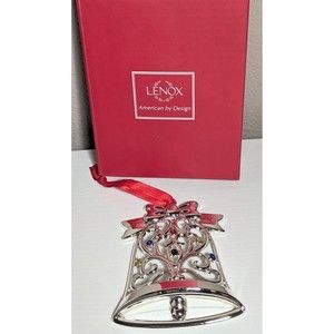 Lenox Sparkle & Scroll Multi-Crystal Bell Ornament Silver Plate Red Ribbon NIB